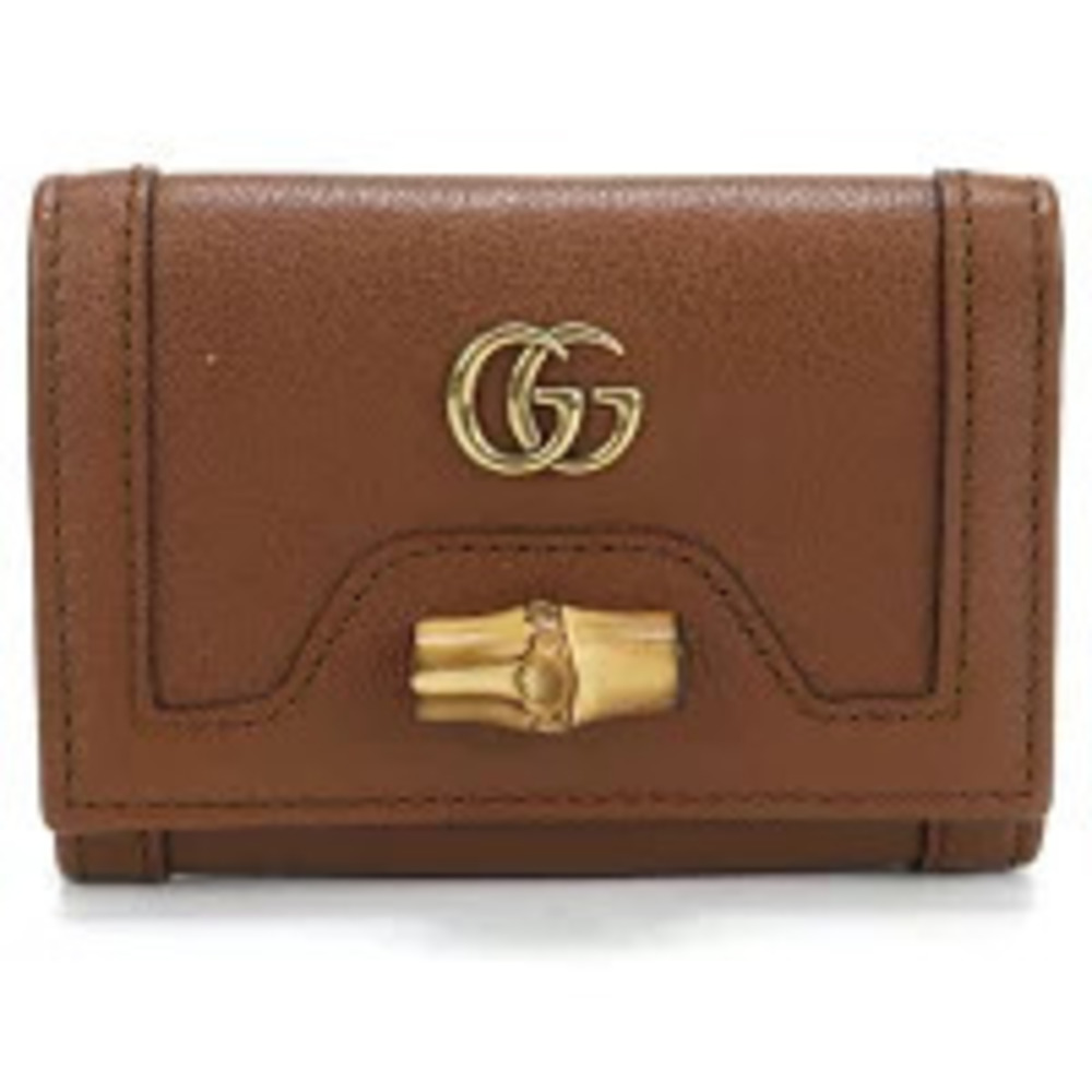 Gucci Tri fold Wallet Coin Purse Bamboo Diana Compact Leather Brown
